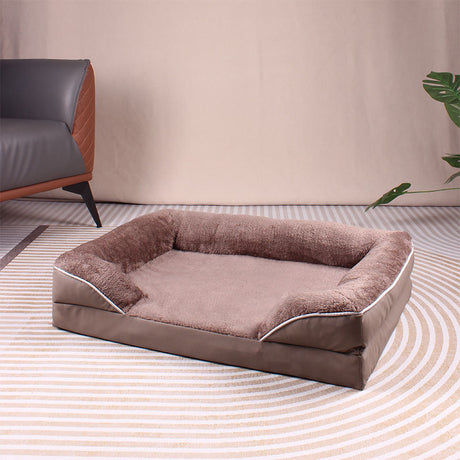 Brown Waterproof Egg-Crate Foam Therapeutic Pet Sofa Bed and Fleece Lounge (L Size 91 x 69 x 17 CM) - Low Entry, High Bolster Support & Zipper Removable Cover