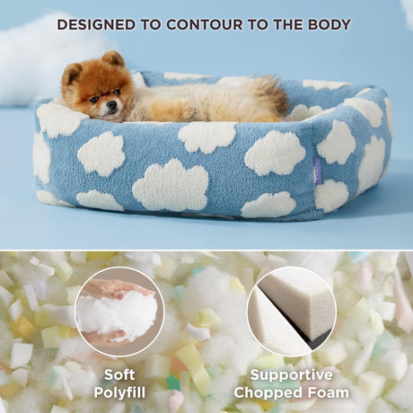 63x53x17 CM Cute Square Plush Pet Bed with Removable Cover & 5 Bolsters Support - Green Daisies Machine Washable Calming Dog & Cat Sofa
