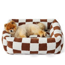 50x48x15 CM Cute Square Plush Pet Bed with Removable Cover & 5 Bolsters Support - Brown Plaid Machine Washable Calming Dog & Cat Sofa