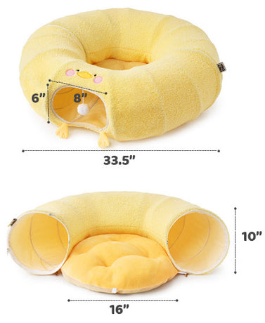 Yellow Cute Foldable Cat Tunnel Bed with Dual-Zipper Detachable & Connectable Design - 2-in-1 Versatile Circular Doughnut Nest & S-Curve Play Center, Easy Fold-Away Storage (85x85x26CM)