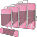Pink Waterproof Travel Compression Packing Cube Set of 5 Sizes with Carry Handles - 50% Space Saving Breathable Nylon Luggage Organizer