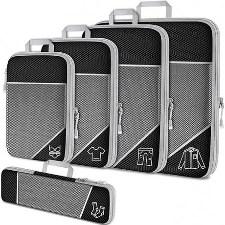 Black Waterproof Travel Compression Packing Cube Set of 5 Sizes with Carry Handles - 50% Space Saving Breathable Nylon Luggage Organizer