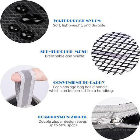 Grey Waterproof Travel Compression Packing Cube Set of 5 Sizes with Carry Handles - 50% Space Saving Breathable Nylon Luggage Organizer