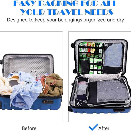 Green Waterproof Travel Compression Packing Cube Set of 5 Sizes with Carry Handles - 50% Space Saving Breathable Nylon Luggage Organizer