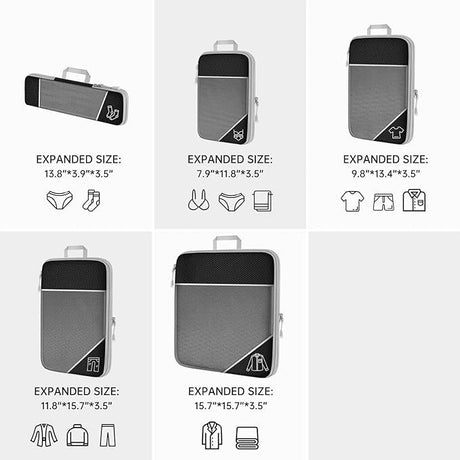 Blue Waterproof Travel Compression Packing Cube Set of 5 Sizes with Carry Handles - 50% Space Saving Breathable Nylon Luggage Organizer