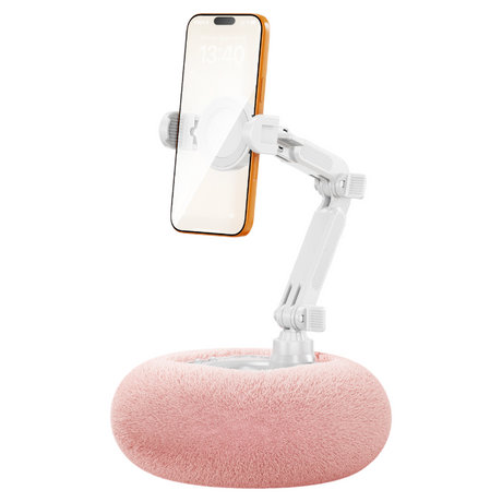 2-in-1 Pink Soft Plush Pillow Base & Phone Holder - 3-Axis 180° Rotation, Height Adjustable and Telescopic Clamp Stand, Relieve Arm Fatigue and Neck Strain