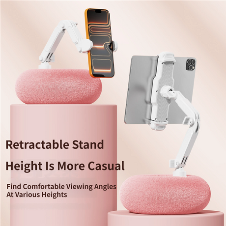 2-in-1 White Soft Plush Pillow Base & Phone Holder - 3-Axis 180° Rotation, Height Adjustable and Telescopic Clamp Stand, Relieve Arm Fatigue and Neck Strain
