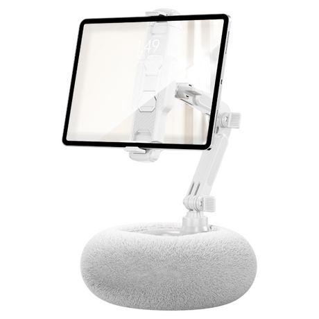 2-in-1 White Soft Plush Pillow Base & Tablet Holder - 3-Axis 180° Rotation, Height Adjustable and Telescopic Clamp Stand, Relieve Arm Fatigue and Neck Strain