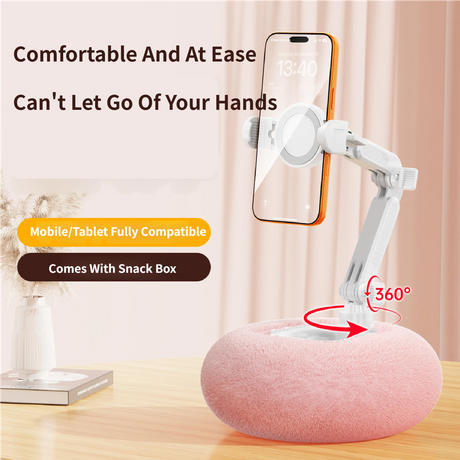 2-in-1 White Soft Plush Pillow Base & Tablet Holder - 3-Axis 180° Rotation, Height Adjustable and Telescopic Clamp Stand, Relieve Arm Fatigue and Neck Strain