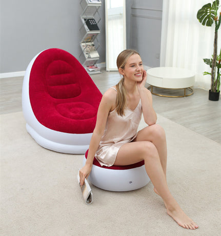 Khaki Inflatable Flocked Lounge Chair & Ottoman Set with Foot Pump - Portable Ergonomic S-shaped Air Lounger for Indoor & Outdoor