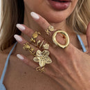 9-Piece Pale Gold Ocean-Inspired Stackable Ring Set - Metal Sea Turtle Starfish Floral Adjustable Open Finger Jewelry for Women