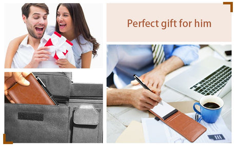 7-Piece Black Business A7 Pocket Notebook Set - Premium PU Leather Memo Pad, 5 Memo Replacement Refills & 2-in-1 Metal Stylus Pen