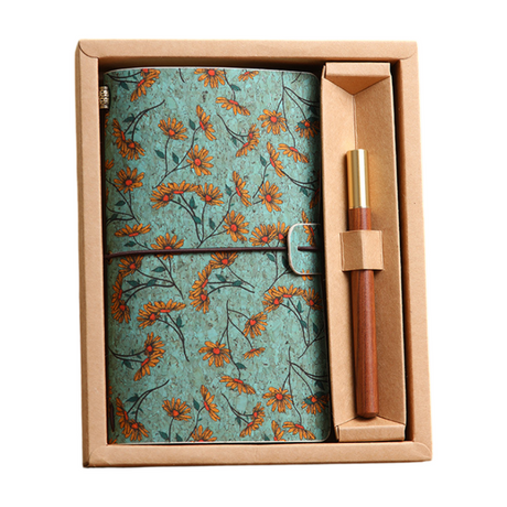 Wild Rose Retro A6 Travelers Leather Notebook & Wooden Pen Gift Box - Floral Botanical Loose-Leaf Journal with Bronze Charm, Kraft Paper and Lined Paper