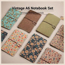 Wild Rose Retro A6 Travelers Leather Notebook & Wooden Pen Gift Box - Floral Botanical Loose-Leaf Journal with Bronze Charm, Kraft Paper and Lined Paper