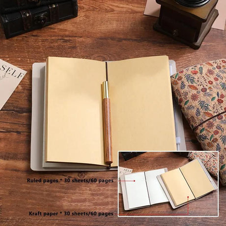 Mini Rose Retro A6 Travelers Leather Notebook & Wooden Pen Gift Box - Floral Botanical Loose-Leaf Journal with Bronze Charm, Kraft Paper and Lined Paper