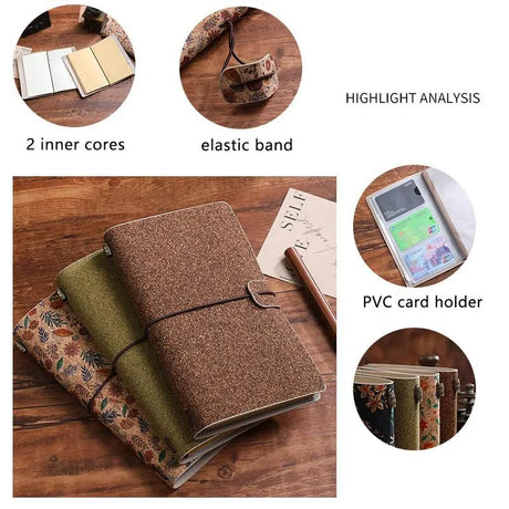 Forest Floral Retro A6 Travelers Leather Notebook & Wooden Pen Gift Box - Floral Botanical Loose-Leaf Journal with Bronze Charm, Kraft Paper and Lined Paper