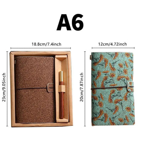 Forest Floral Retro A6 Travelers Leather Notebook & Wooden Pen Gift Box - Floral Botanical Loose-Leaf Journal with Bronze Charm, Kraft Paper and Lined Paper