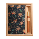 Calendula Retro A6 Travelers Leather Notebook & Wooden Pen Gift Box - Floral Botanical Loose-Leaf Journal with Bronze Charm, Kraft Paper and Lined Paper