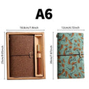Shiny Green Retro A6 Travelers Leather Notebook & Wooden Pen Gift Box - Floral Botanical Loose-Leaf Journal with Bronze Charm, Kraft Paper and Lined Paper