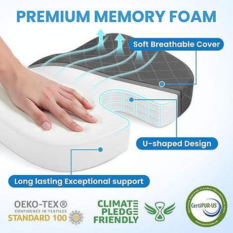 Grey Ergonomic Memory Foam U-Shaped Seat Cushion - Breathable Orthopedic Pressure Relief Pillow with ZIpper Cover & Handle (45 x 36 CM)