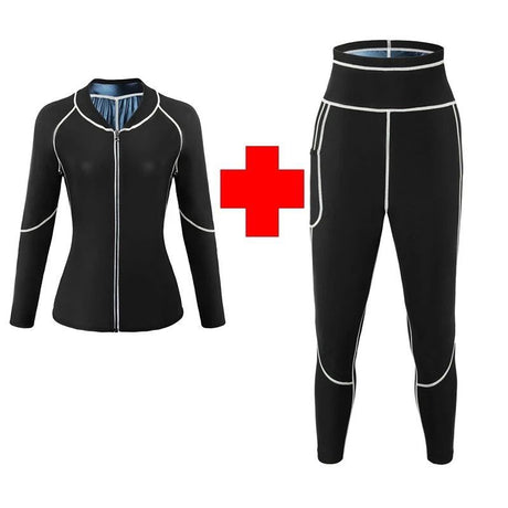 S Size Black and Blue Women's Workout Sauna Sweat Suit Set: Long Sleeve & Leggings - High Elasticity Compression Shapewear for Weight Loss & Yoga