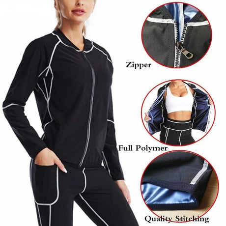 S Size Black and Blue Women's Workout Sauna Sweat Suit Set: Long Sleeve & Leggings - High Elasticity Compression Shapewear for Weight Loss & Yoga