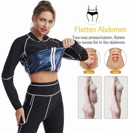 M Size Black and Silver Women's Workout Sauna Sweat Suit Set: Long Sleeve & Leggings - High Elasticity Compression Shapewear for Weight Loss & Yoga