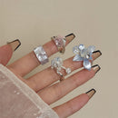 2PCS Vintage Camellia Handmade Enamel Stackable Wide Metal Rings C+D with Zirconia Accents - French Style Stackable Floral Band for Women