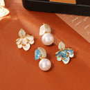Luxury Porcelain Blue Gold Enamel Flower Pearl Earrings with Sparkling Zirconia - Vintage S925 Hypoallergenic Sterling Silver Needle
