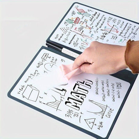 Dark Grey A4 PU Leather Whiteboard Notebook with 3-Color Pens, Eraser & Cloth - Reusable Eco-Friendly Desktop Memo Pad & Handheld Writing Tablet