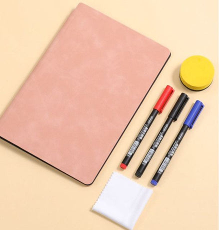 Dark Blue A4 PU Leather Whiteboard Notebook with 3-Color Pens, Eraser & Cloth - Reusable Eco-Friendly Desktop Memo Pad & Handheld Writing Tablet