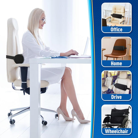Black Portable McKenzie Method Ergonomic Lumbar Support Roll - Adjustable Memory Foam Cylinder Pillow with Breathable Cover