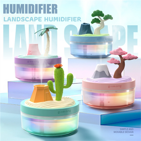 Coconut Tree Purple USB Portable Bionic Landscape Humidifier and Creative Potted Plant Air Diffuser - 7-Color Night Light & 2-Mode Mist Timer