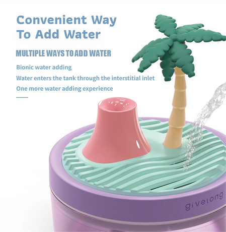 Coconut Tree Purple USB Portable Bionic Landscape Humidifier and Creative Potted Plant Air Diffuser - 7-Color Night Light & 2-Mode Mist Timer