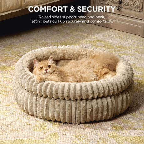 50x50x18 CM Grey Ultra-Soft Thickened Round Pet Bed with Stripe Texture - Plush Self-Warming Donut Nest for Cats and Small Dogs