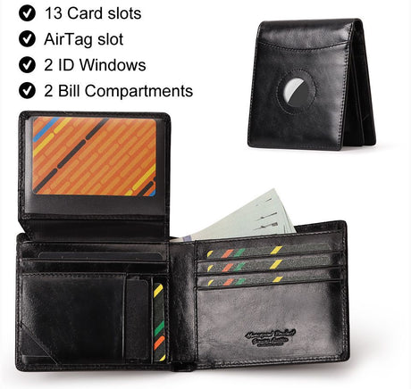 Black Handcrafted Genuine First-Layer Cowhide Wallet & Card Case for Men - Multi-Slot Ultra-Slim Bifold, Integrated AirTag Holder & RFID Blocking