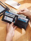 Black Handcrafted Genuine First-Layer Cowhide Wallet & Card Case for Men - Multi-Slot Ultra-Slim Bifold, Integrated AirTag Holder & RFID Blocking