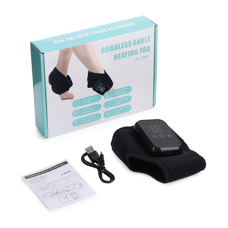 Black Wireless Rechargeable Heated Ankle Massager - 3 Heat Levels & 3 Vibrating Intensities Foot Joint Wrap for Pain Relief and Recovery