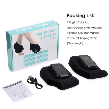 2-Pack Black Wireless Rechargeable Heated Ankle Massager - 3 Heat Levels & 3 Vibrating Intensities Foot Joint Wrap for Pain Relief and Recovery