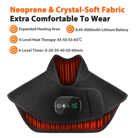 Black Wireless Large Coverage Heated Shoulder & Neck Wrap - TypeC Rechargeable Thermal Therapy Shawl with 4 Temp Levels & 5 Timers