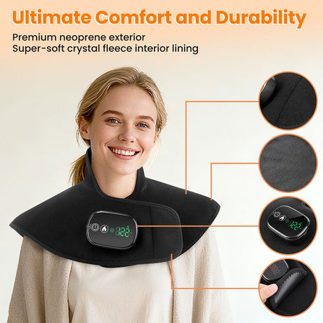 Black Wireless Large Coverage Heated Shoulder & Neck Wrap - TypeC Rechargeable Thermal Therapy Shawl with 4 Temp Levels & 5 Timers