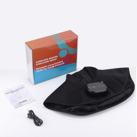 Black Wireless Large Coverage Heated Shoulder & Neck Wrap - TypeC Rechargeable Thermal Therapy Shawl with 4 Temp Levels & 5 Timers