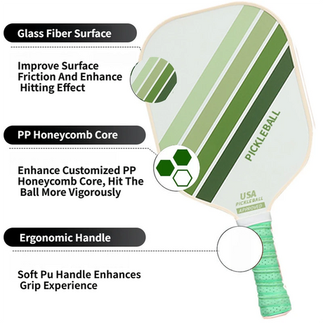 Green Striped Fiberglass Pickleball Paddle with Neoprene Protective Cover - Shock Absorbing Honeycomb Core & Anti-Slip Grip - USAPA Standard Lightweight Sports Racket