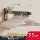 33CM Moisture Aluminum Folding Towel Rack Integrated Bottom Hook - 90° Folding Black Walnut Grain Wall-Mounted Drying Rod and Organize