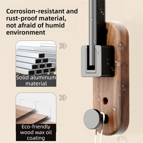 33CM Moisture Aluminum Folding Towel Rack Integrated Bottom Hook - 90° Folding Black Walnut Grain Wall-Mounted Drying Rod and Organize