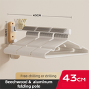 43CM Moisture Aluminum Folding Towel Rack Integrated Bottom Hook - 90° Folding White Beechwood Grain Wall-Mounted Drying Rod and Organize