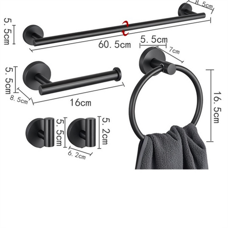5PCS Matt Gold Stainless Steel Bathroom Organizer Set - Wall-Mounted Rotatable Towel Bar, Toilet Paper Holder, Towel Ring & Versatile T-shaped Hooks