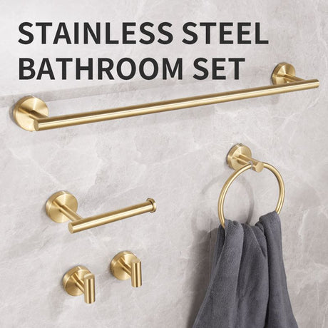 5PCS Matt Black Stainless Steel Bathroom Organizer Set - Wall-Mounted Rotatable Towel Bar, Toilet Paper Holder, Towel Ring & Versatile T-shaped Hooks