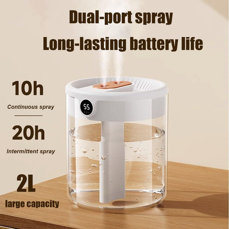 Green 2L Dual-Spray Ultrasonic Humidifier and Air Diffuser with Night Light - USB Powered, Quiet Operation, Smart Digital Display & Real-Time Humidity Sensor