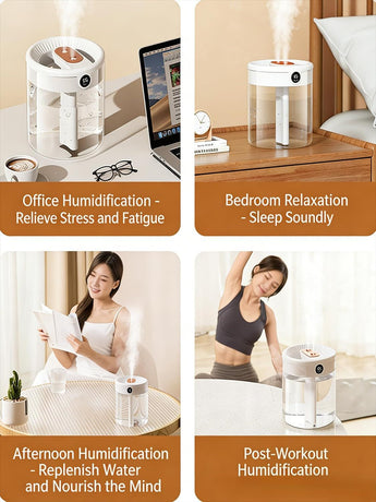 Pink 2L Dual-Spray Ultrasonic Humidifier and Air Diffuser with Night Light - USB Powered, Quiet Operation, Smart Digital Display & Real-Time Humidity Sensor